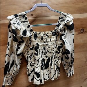 HUNTER BELL Black & Cream Smocked Square-Neck Puff Sleeve Blouse